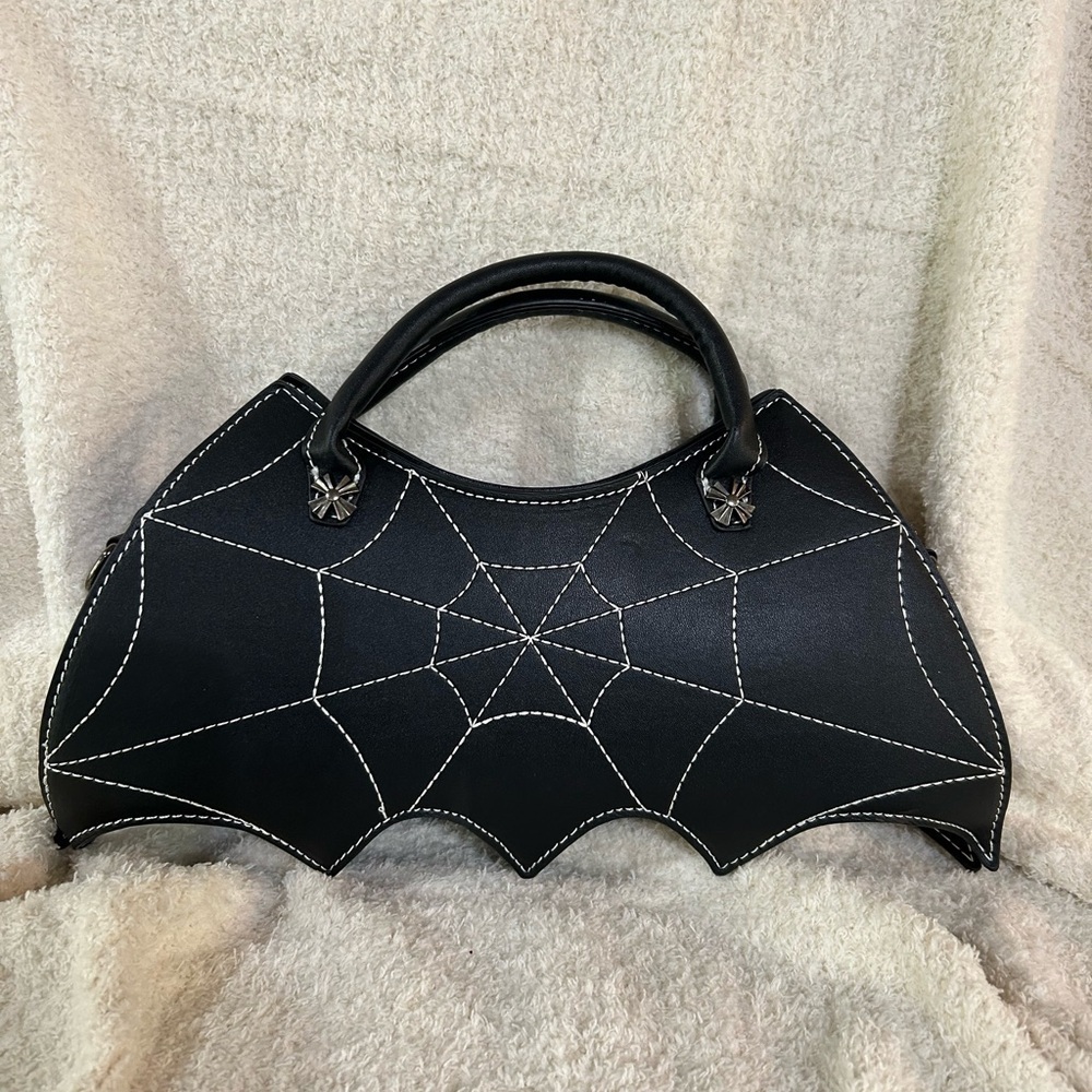 BAT WING HALLOWEEN BAG W SPIDER WEB DESIGN AND BAT BAG CHARM GOTH PUNK NWOT - Picture 3 of 8